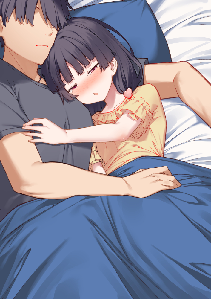 1boy, 1girl, bed_sheet, black_hair, blush, brother_and_sister, commentary_request, faceless