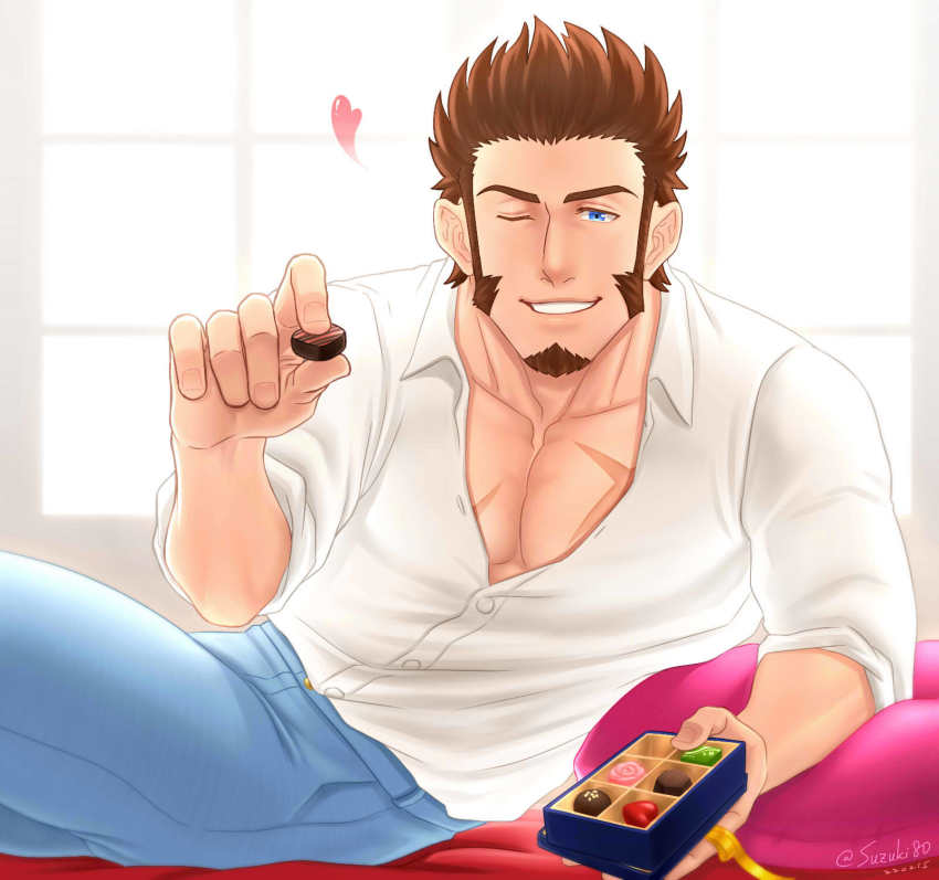 1boy, alternate_costume, bara, blue_eyes, brown_hair, casual, denim, facial_hair, fate/grand_order, fate_(series), feeding, feet_out_of_frame, goatee, heart, highres, incoming_gift, jeans, long_sideburns, looking_at_viewer, male_focus, mature_male, muscular, muscular_male, napoleon_bonaparte_(fate), open_clothes, open_shirt, pants, partially_unbuttoned, pectoral_cleavage, pectorals, pov, short_hair, sideburns, smile, solo, suzuki80, valentine