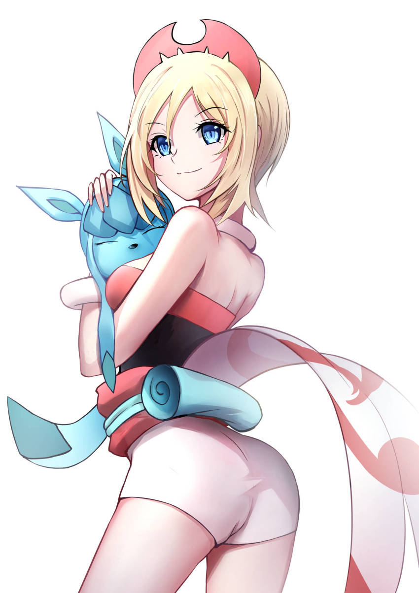 1girl, absurdres, ass, blonde_hair, blue_eyes, breasts, gen_4_pokemon, glaceon, highres, holding, holding_pokemon, irida_(pokemon), jewelry, neck_ring, nintendo, pokemon, pokemon_(creature), pokemon_legends:_arceus, red_shirt, shirt, short_hair, short_shorts, shorts, small_breasts, smile, strapless, strapless_shirt, waist_cape, white_shorts, xueci