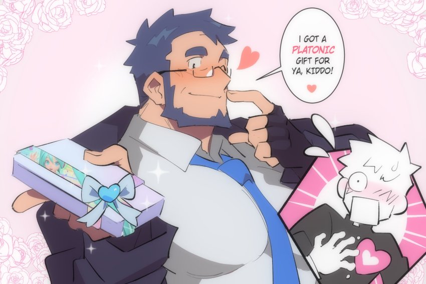 2boys, age_difference, bara, beard, between_pectorals, blue_necktie, blush, chibi