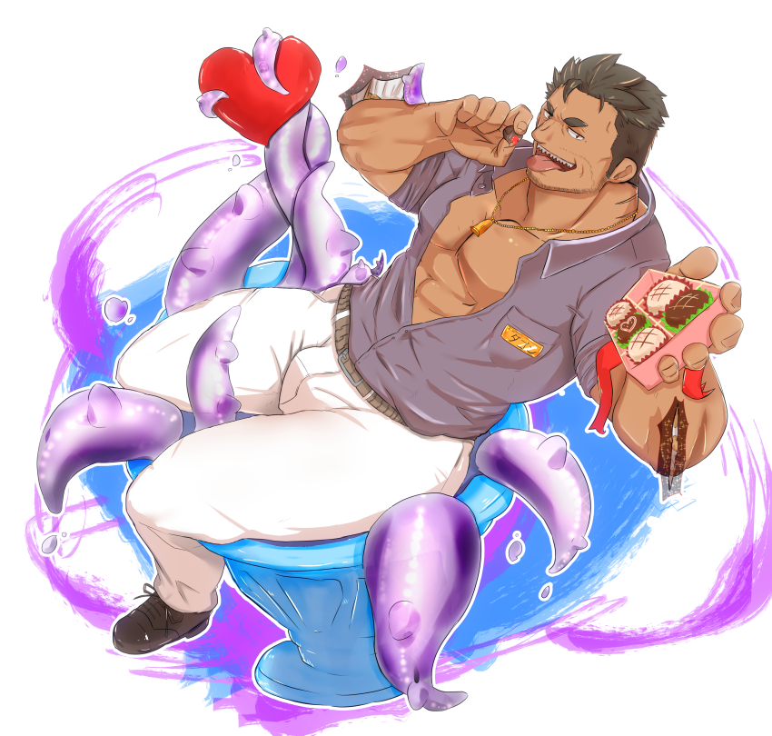 1boy, absurdres, bara, beard, box, bulge, chocolate, dagon_(housamo)