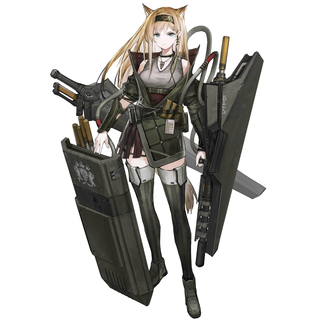 1girl, animal_ears, arknights, artist_request, bare_shoulders, belt, black_belt, black_boots, black_choker, black_hairband, black_jacket, black_thighhighs, blonde_hair, blue_eyes, boots, check_artist, choker, full_body, grey_shirt, hairband, horn_(arknights), jacket, long_hair, long_sleeves, looking_at_viewer, m9nokuro, official_art, pouch, shield, shirt, sleeveless, sleeveless_shirt, solo, standing, thighhighs, transparent_background, victoria_logo, wolf_ears