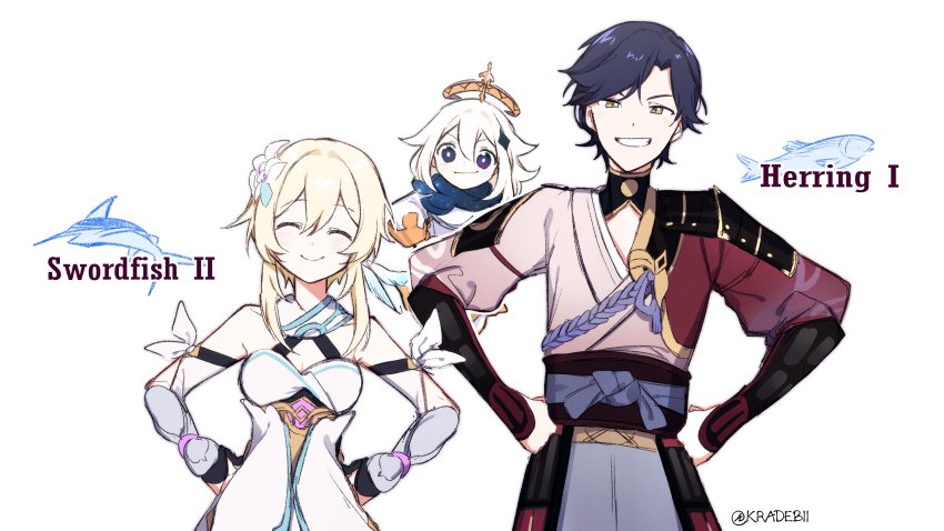 1boy, 2girls, absurdres, armor, black_hair, blonde_hair, breasts, closed_eyes