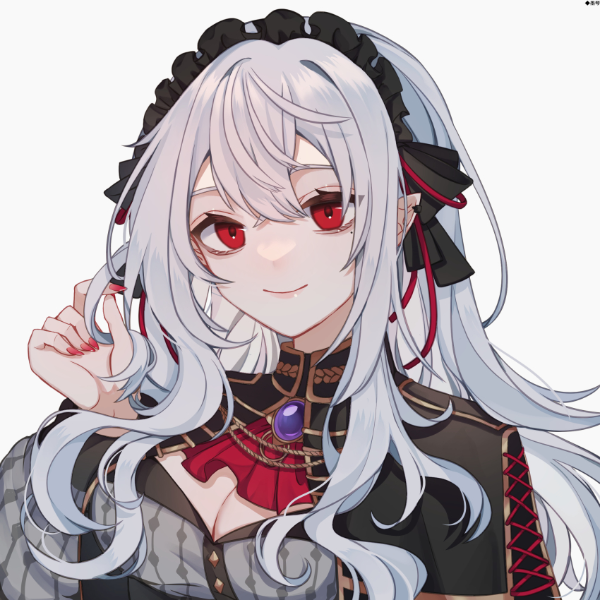 1girl, breasts, ear_piercing, earrings, genderswap, genderswap_(mtf), highres, jewelry, kuzuha_(nijisanji), looking_at_viewer, mole, mole_under_eye, nijisanji, pale_skin, piercing, pointy_ears, red_eyes, smile, vampire, virtual_youtuber, white_hair, xia_moqin