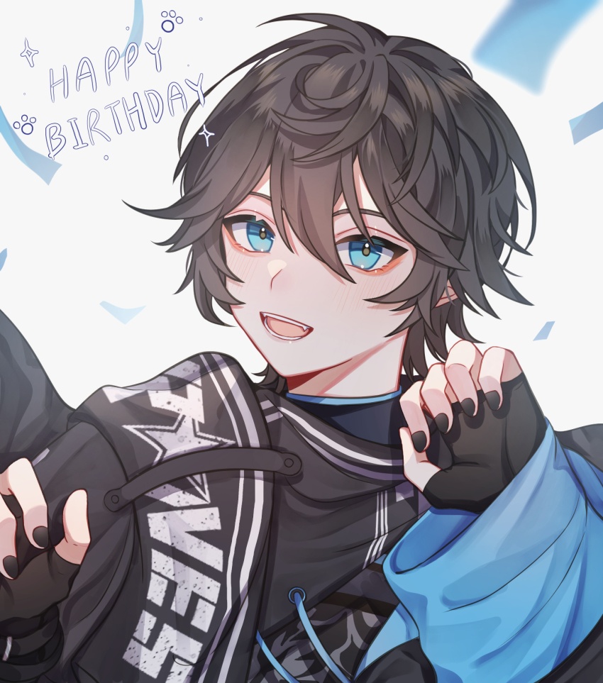 1boy, axia_krone, black_hair, blue_eyes, fangs, fingerless_gloves, gloves, happy_birthday