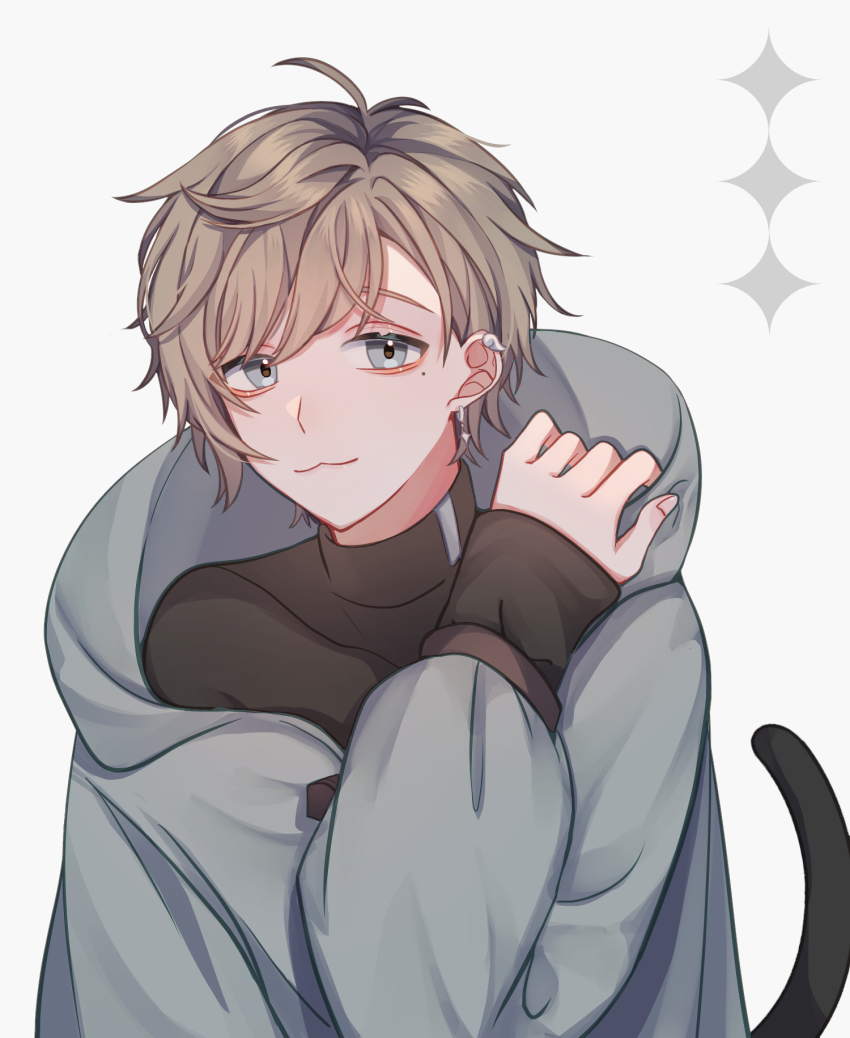 1boy, blue_eyes, brown_hair, cat_tail, ear_piercing, earrings, highres, jewelry