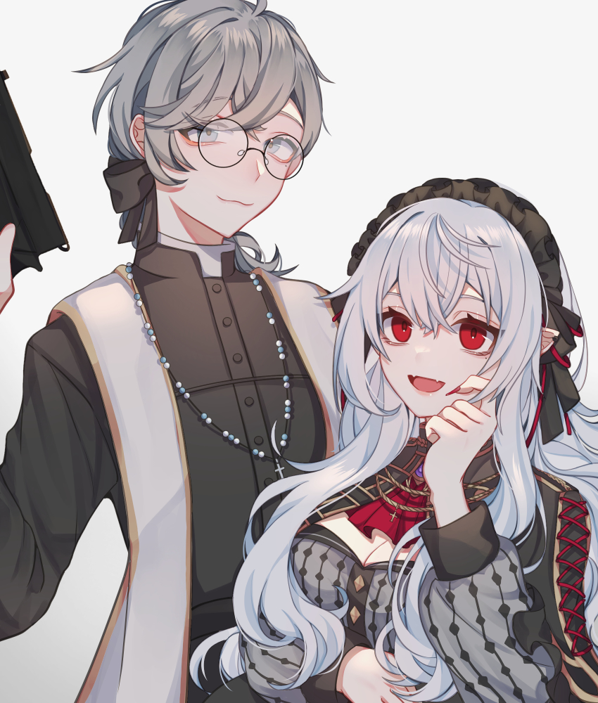1boy, 1girl, bow, breasts, brown_hair, ear_piercing, earrings, genderswap, genderswap_(mtf), glasses, grey_eyes, hair_bow, highres, jewelry, kanae_(nijisanji), kuzuha_(nijisanji), long_hair, low_ponytail, mole, mole_under_eye, nijisanji, pale_skin, piercing, pointy_ears, ponytail, red_eyes, sanya_(1st_costume)_(nijisanji), sanya_(nijisanji), vampire, virtual_youtuber, white_hair, xia_moqin