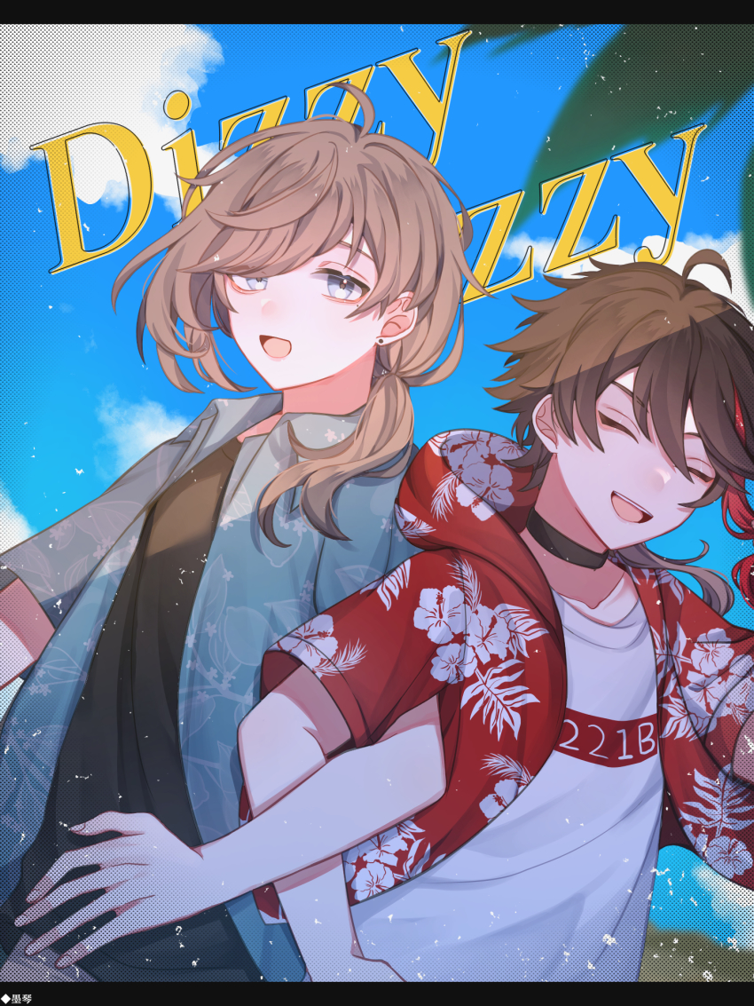 2boys, black_hair, blue_eyes, brown_hair, choker, earrings, closed_eyes, highres