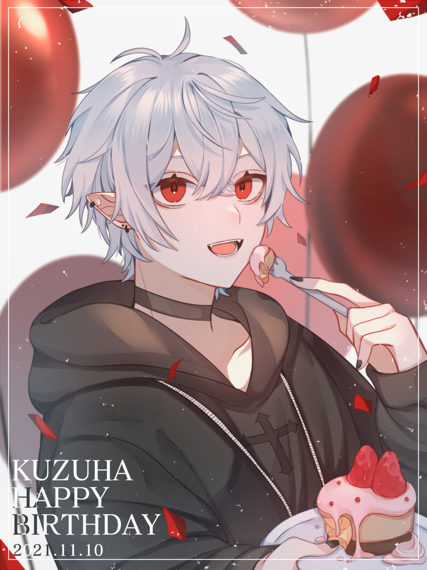 1boy, cake, cookie, ear_piercing, earrings, eating, fangs, food