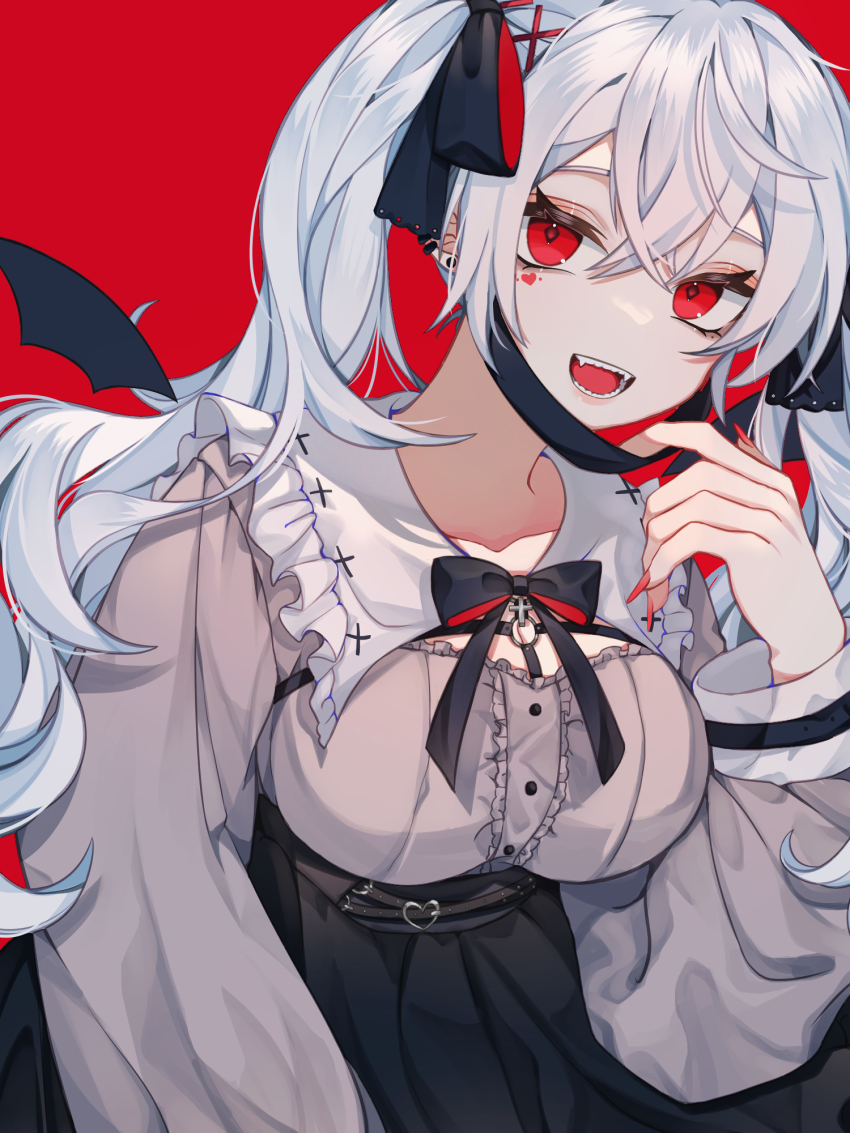 1girl, bow, breasts, ear_piercing, earrings, genderswap, genderswap_(mtf), hair_bow, heart, highres, jewelry, jirai_kei, kuzuha_(nijisanji), large_breasts, looking_to_the_side, marking_on_cheek, mask, mouth_mask, nijisanji, pale_skin, piercing, pointy_ears, red_eyes, twintails, vampire, vampire_(vocaloid), virtual_youtuber, vocaloid, white_hair, xia_moqin