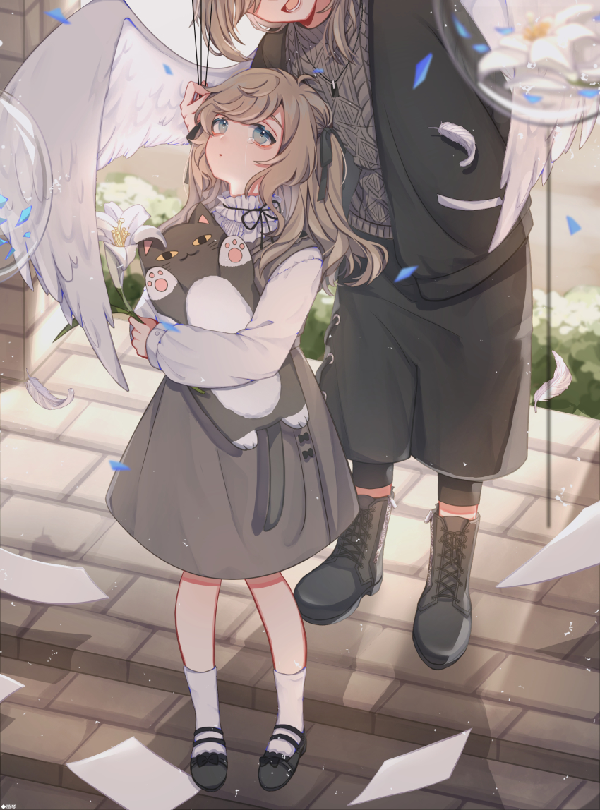 1boy, 1girl, absurdres, angel, angel_wings, blue_eyes, bow, brown_hair