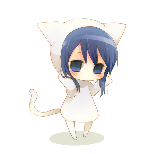 1girl, animal_costume, animal_ears, bad_id, bad_pixiv_id, blue_eyes, blue_hair, blush, cat_costume, cat_ears, cat_tail, child, empty_eyes, female_focus, hanamaru_youchien, hiiragi_(hanamaru_youchien), long_hair, matching_hair/eyes, solo, tail, yamiya_(8_18dlq)