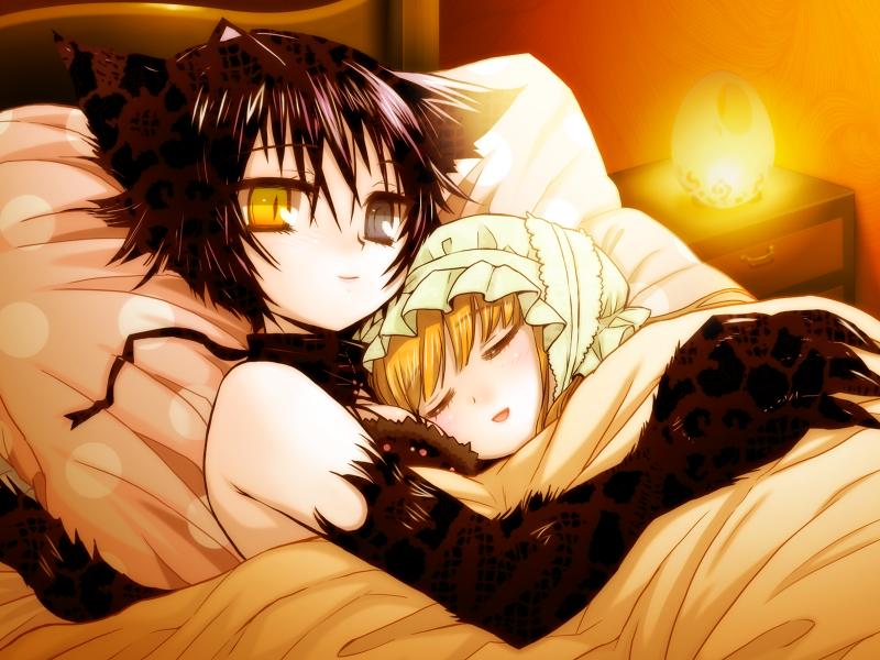2girls, animal_ears, animal_hands, ati, ati_(sekien_no_inganock), bed, bedroom, black_eyes