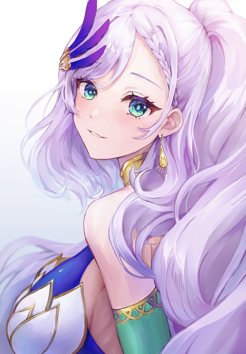 1girl, absurdres, asymmetrical_bangs, bare_shoulders, big_hair, blue_dress, braid, braided_bangs, breasts, detached_sleeves, dress, earrings, feather_hair_ornament, feathers, green_eyes, hair_ornament, high_ponytail, highres, hololive, hololive_indonesia, holoro, jewelry, long_hair, looking_at_viewer, looking_back, medium_breasts, milchu, parted_lips, pavolia_reine, ponytail, silver_hair, smile, solo, upper_body, virtual_youtuber