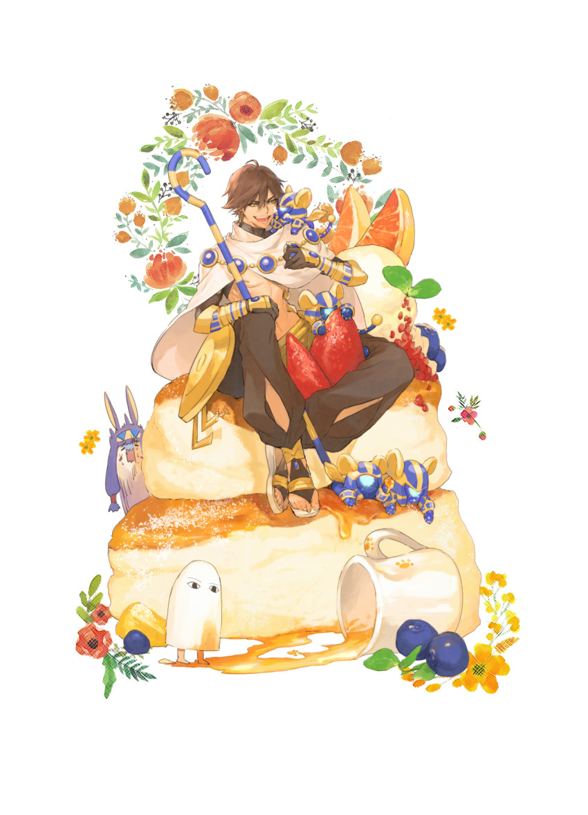 1boy, 1girl, ahoge, ancient_egyptian_clothes, animal_ears, brown_hair, cake, dark-skinned_male