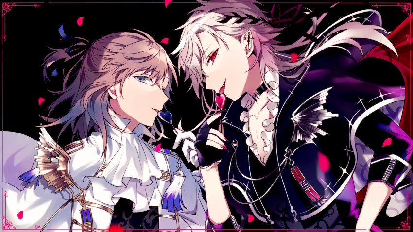 1boy, absurdres, blue_eyes, brown_hair, candy, ear_piercing, earrings, food