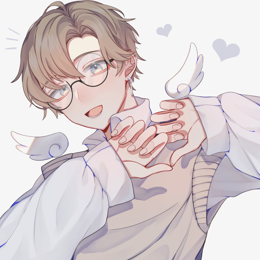 1boy, angel, angel_wings, blue_eyes, brown_hair, ear_piercing, earrings, glasses