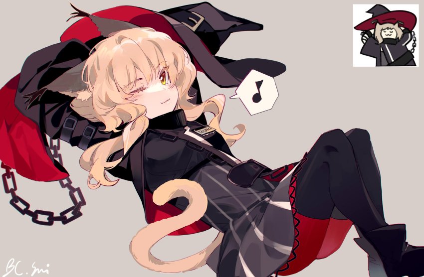 1girl, :3, animal_ear_fluff, animal_ears, arknights, arms_behind_head, arms_up, black_dress, black_footwear, black_headwear, black_jacket, black_pantyhose, boots, brown_eyes, brown_hair, chain, closed_mouth, commentary_request, cropped_jacket, dress, eighth_note, feet_out_of_frame, grey_background, hair_between_eyes, hat, haze_(arknights), highres, jacket, long_hair, looking_at_viewer, musical_note, pantyhose, red_thighhighs, signature, simple_background, spoken_musical_note, striped_clothes, striped_dress, sui_(blackcatsui_yoi), thighhighs, thighhighs_over_pantyhose, thighhighs_under_boots, unworn_hat, unworn_headwear, vertical-striped_clothes, vertical-striped_dress, witch_hat