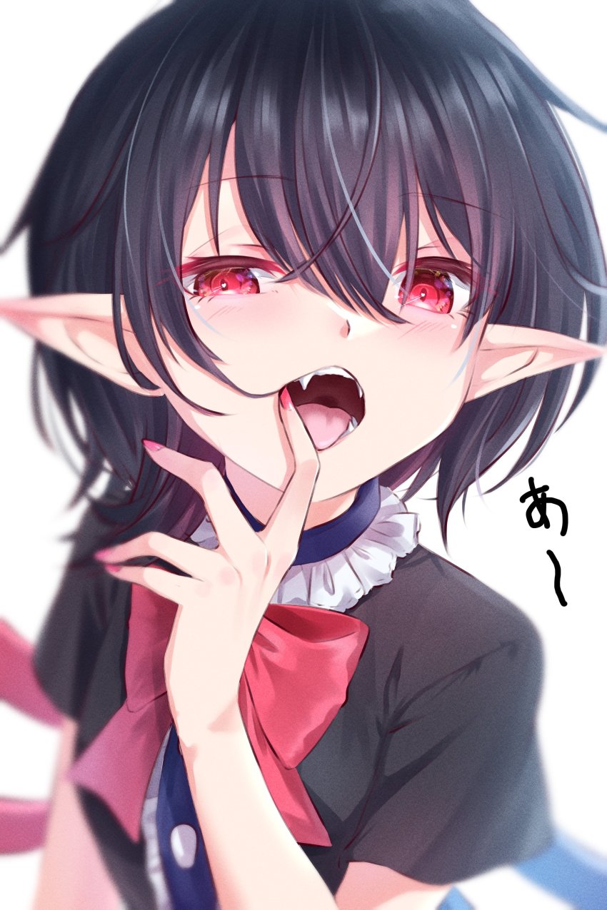 1girl, absurdres, asymmetrical_wings, black_dress, blue_wings, blush, bow, bowtie