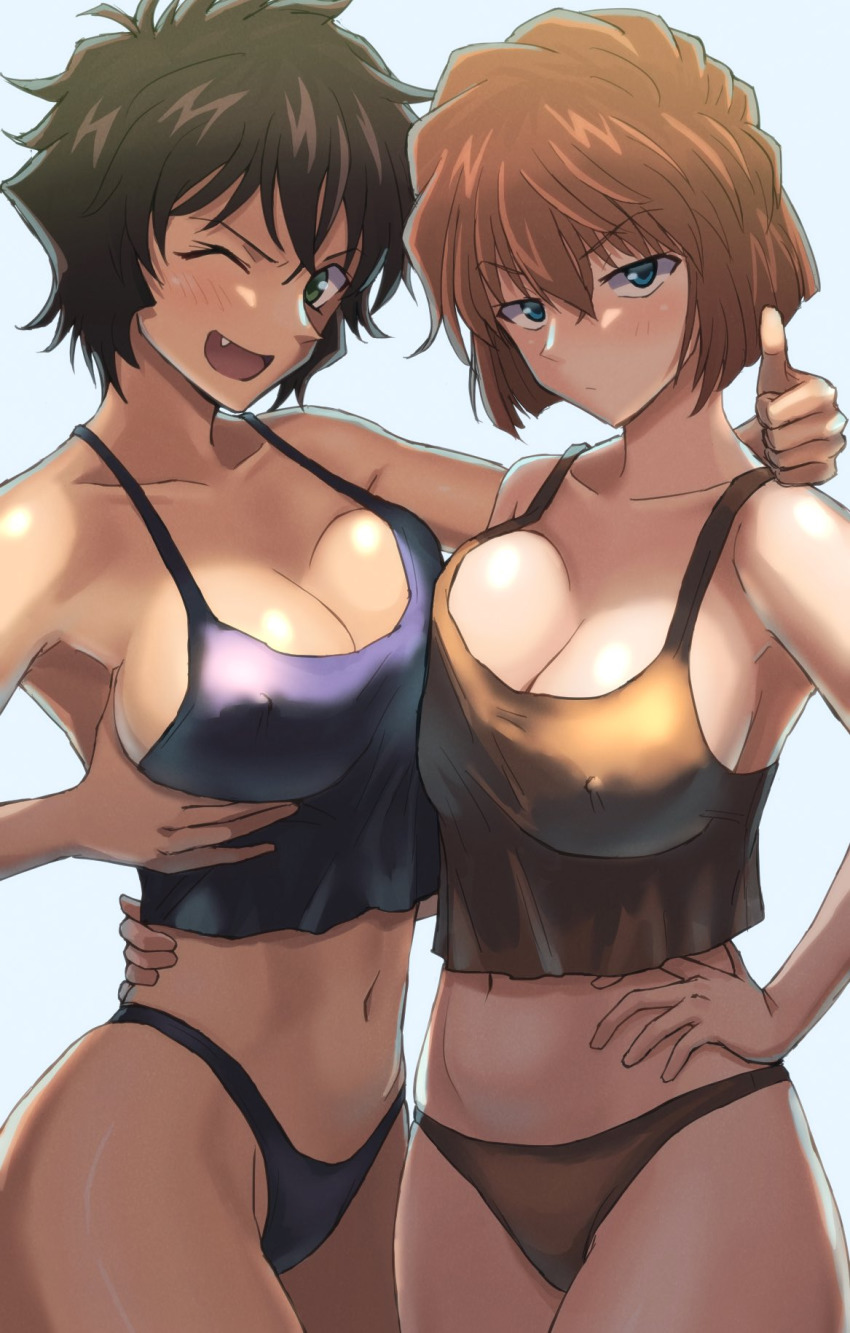 2girls, ;d, black_hair, blonde_hair, blue_panties, blush, breast_press, breasts, brown_hair, camisole, covered_erect_nipples, crop_top, didd_ley, fang, glaring, grabbing_another's_breast, grabbing_own_breast, green_eyes, groping, haibara_ai, hair_between_eyes, hand_on_another's_hip, hand_on_own_hip, highres, jitome, large_breasts, looking_at_viewer, meitantei_conan, midriff, miyano_shiho, multiple_girls, navel, one_eye_closed, open_mouth, panties, sera_masumi, short_hair, smile, stomach, symmetrical_docking, thumbs_up, underwear, underwear_only, wink, yellow_panties