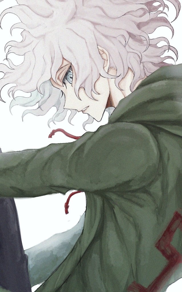 1boy, danganronpa_(series), danganronpa_2:_goodbye_despair, from_side, green_jacket, grey_eyes, grey_hair, hood