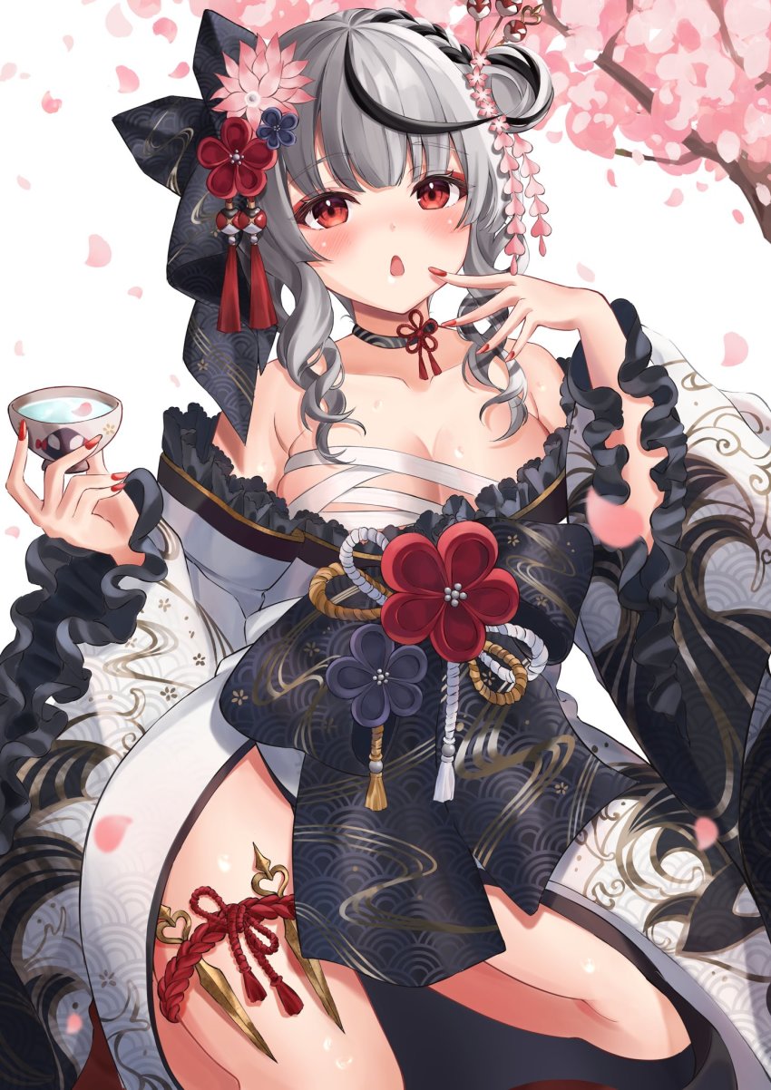 1girl, alcohol, bare_shoulders, barefoot, black_choker, black_hair, blunt_bangs, blush