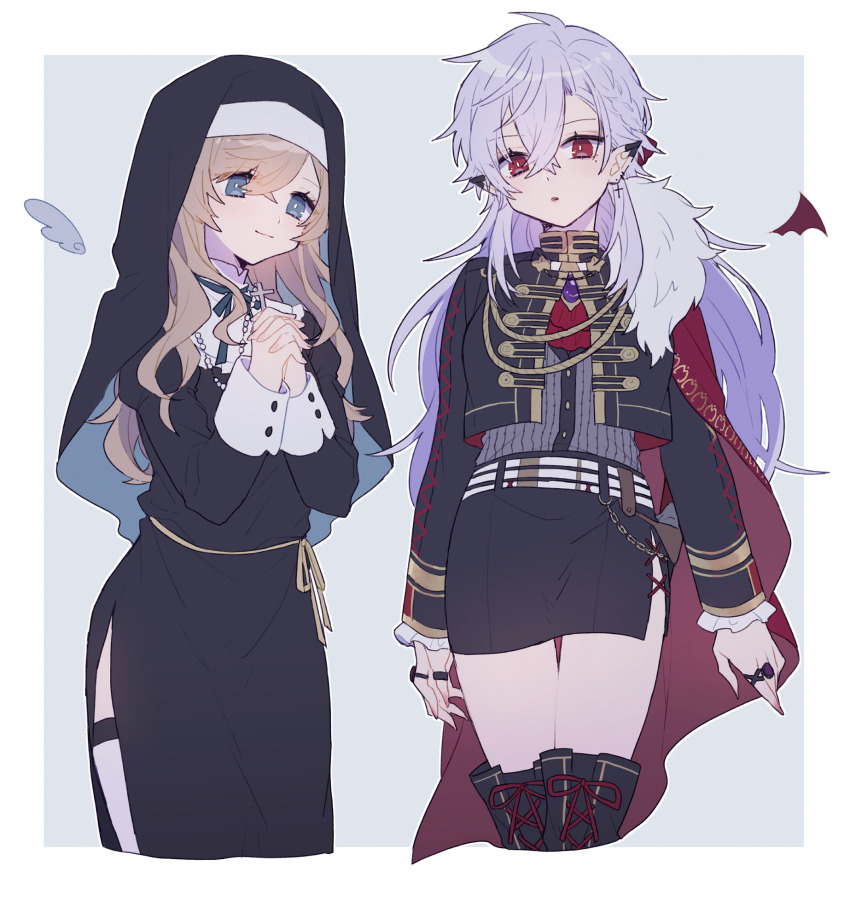 2girls, blue_eyes, boots, brown_hair, genderswap, genderswap_(mtf), headdress, highres, kanae_(5th_costume)_(nijisanji), kanae_(nijisanji), kuzuha_(2nd_costume)_(nijisanji), kuzuha_(nijisanji), mole, mole_under_eye, multiple_girls, nekojiri, nijisanji, nun, own_hands_together, pale_skin, pointy_ears, red_eyes, thigh_boots, thighhighs, thighs, vampire, virtual_youtuber, white_hair
