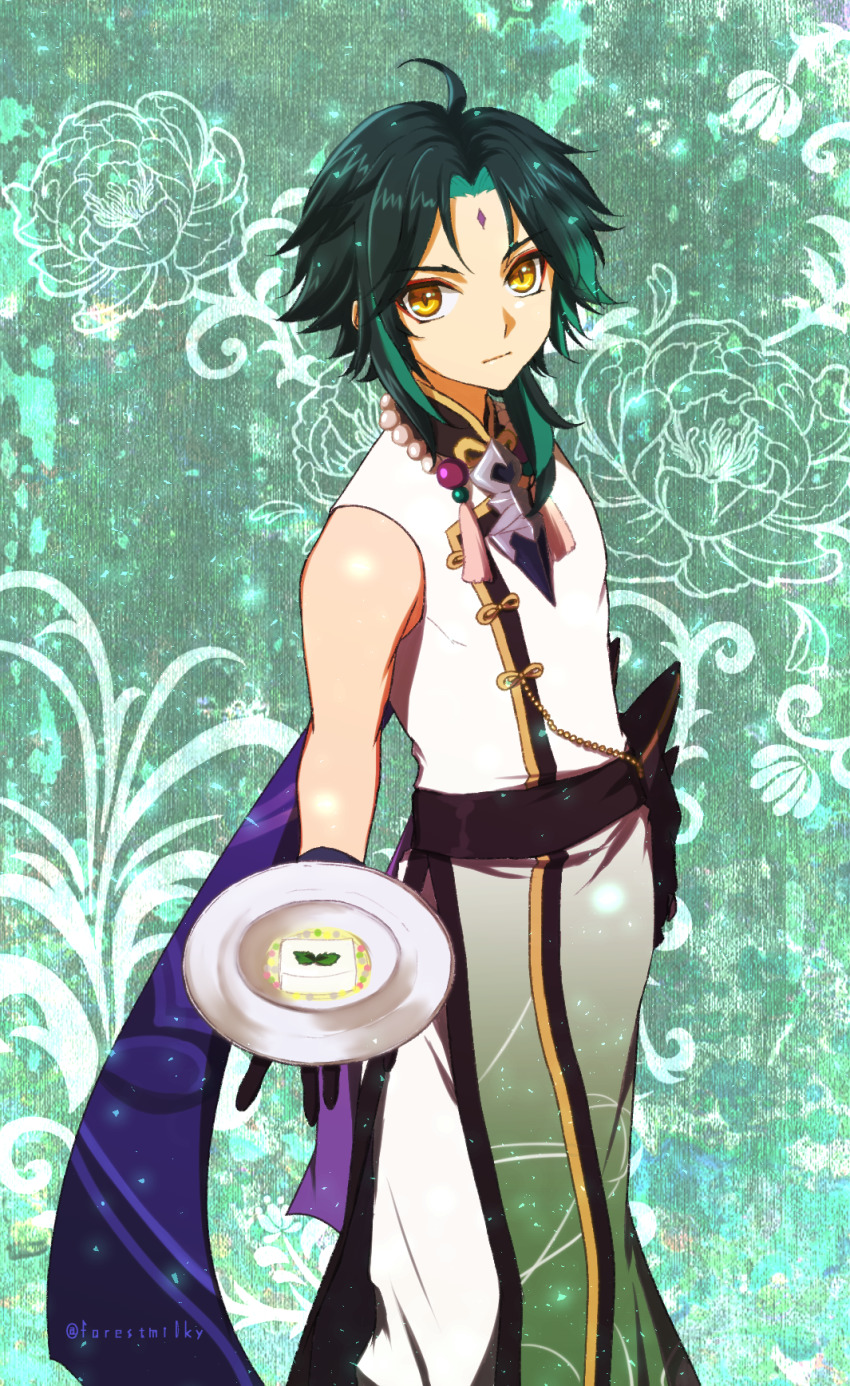 1boy, artist_name, bare_shoulders, bead_necklace, beads, black_gloves, chinese_clothes, closed_mouth, commentary, expressionless, eyeshadow, floral_print, food, forehead, genshin_impact, gloves, gold_trim, green_background, green_hair, highres, holding, holding_plate, jewelry, looking_at_viewer, makeup, male_focus, medium_hair, morinaga_miru, necklace, outstretched_hand, parted_bangs, plate, purple_sash, sash, sleeveless, solo, standing, tofu, v-shaped_eyebrows, xiao_(genshin_impact), yellow_eyes