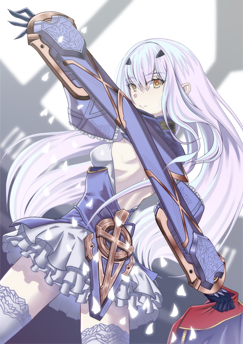 1girl, backless_outfit, bad_id, bad_pixiv_id, blue_dress, breasts, dress, melusine_(fate), melusine_(second_ascension)_(fate), fate/grand_order, fate_(series), highres, kushiro_h, long_hair, small_breasts, solo, white_dress, white_hair, yellow_eyes