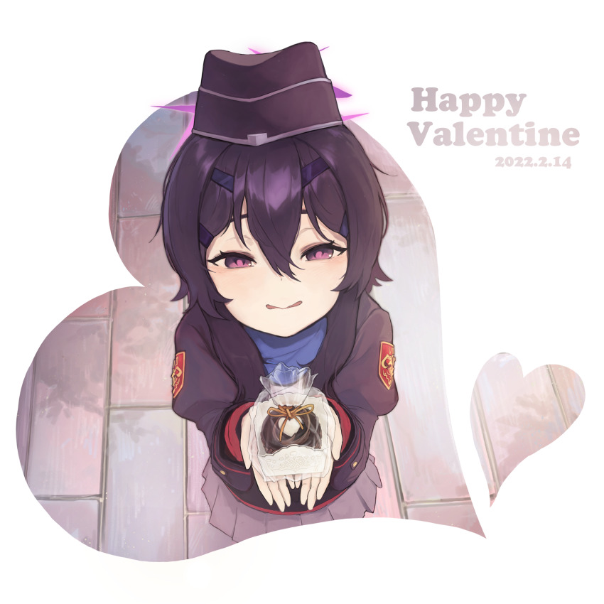 1girl, blue_archive, brick_floor, chocolate, dated, food, from_above, garrison_cap, hair_ornament, hairclip, halo, haruka_(blue_archive), hat, heart, highres, holding, holding_food, juliet_sleeves, light_blush, long_hair, long_sleeves, looking_at_viewer, military, military_uniform, pleated_skirt, puffy_sleeves, purple_eyes, purple_hair, shina_(be_dulgi), skirt, solo, transparent_background, valentine, wavy_mouth