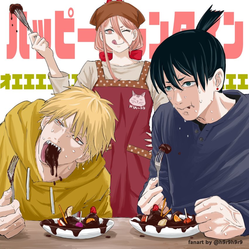 chainsaw_man, denji_(chainsaw_man), fang, food, h9r9h9r9, hayakawa_aki, highres, power_(chainsaw_man)