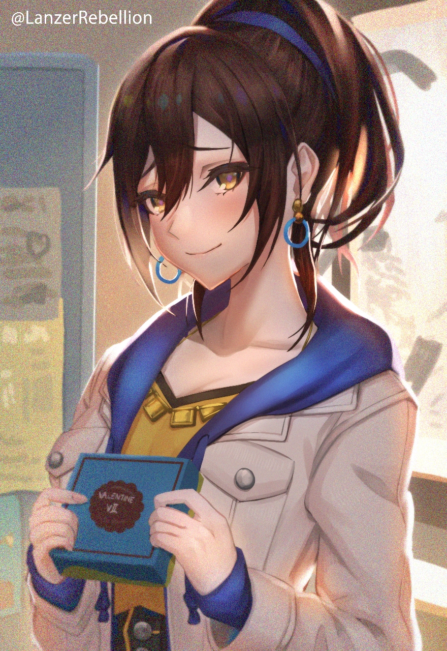 1girl, black_hair, blue_hoodie, box, earrings, gift, gift_box, hair_between_eyes