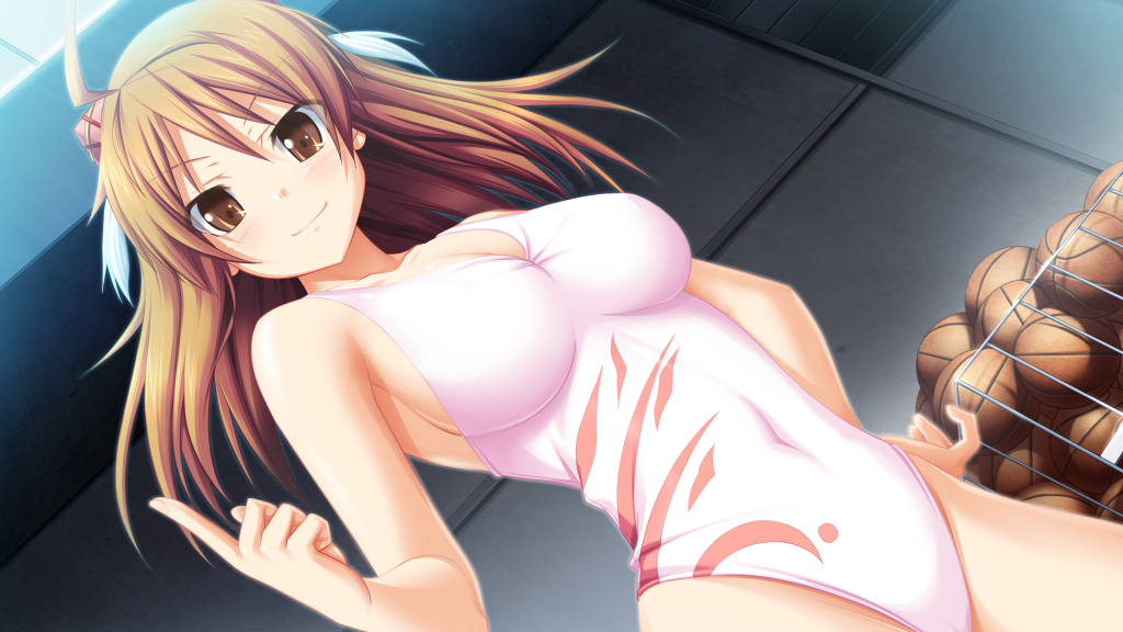 1girl, ahoge, ball, basketball, basketball_(object), breasts, brown_eyes, brown_hair, cleavage, closed_mouth, collarbone, covered_navel, dutch_angle, floating_hair, game_cg, hair_between_eyes, hair_ornament, hand_on_own_hip, hatozuki_tsumiki, impossible_clothes, impossible_swimsuit, index_finger_raised, indoors, kitagawa_akari, large_breasts, leotard, long_hair, looking_at_viewer, pink_leotard, print_leotard, sideboob, smile, solo, soukoku_no_arterial, standing, swimsuit