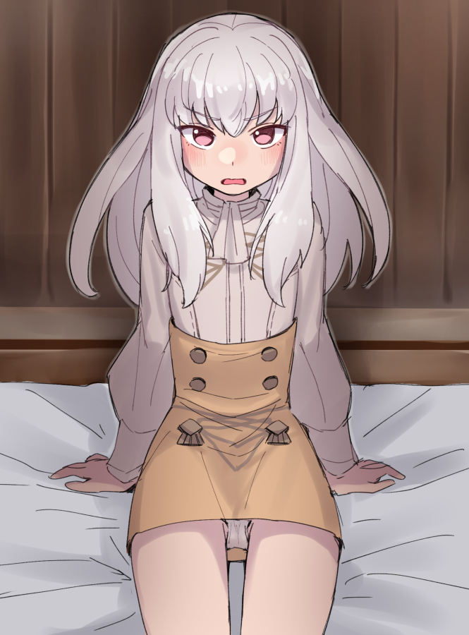 1girl, bed, blush, do_m_kaeru, fire_emblem, fire_emblem:_three_houses, garreg_mach_monastery_uniform, indoors, long_hair, looking_at_viewer, lysithea_von_ordelia, nintendo, official_alternate_costume, on_bed, open_mouth, panties, pantyshot, pink_eyes, sidelocks, sitting, solo, tan_skirt, underwear, upskirt, white_hair, white_panties