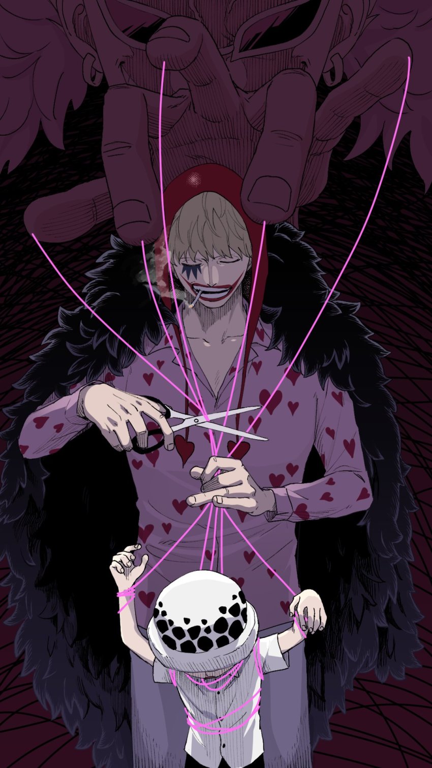 3boys, aged_down, bare_arms, behind_another, blonde_hair, brothers, cape, child, cigarette, closed_eyes, collarbone, detached_hood, donquixote_doflamingo, donquixote_rocinante, earrings, evil_grin, evil_smile, fingernails, fur_cape, grin, hat, heart, heart_print, highres, holding, holding_scissors, hood, hood_up, jewelry, long_sleeves, makeup, male_focus, mouth_hold, multiple_boys, one_piece, print_shirt, restrained, scissors, shakuyouka, shirt, short_sleeves, siblings, smile, smoke, smoking, string, sunglasses, teeth_hold, trafalgar_law