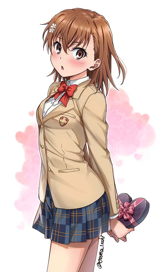 1girl, arms_behind_back, asymmetrical_bangs, beige_blazer, blue_skirt, blush, bow, bowtie