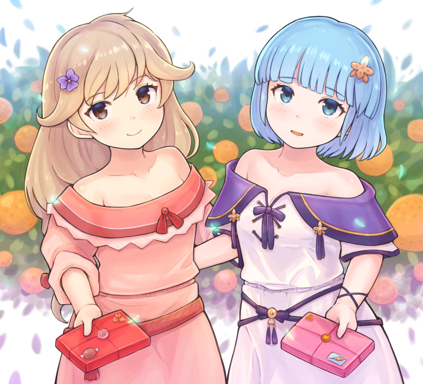 2girls, alternate_costume, alternate_hairstyle, bare_shoulders, blue_eyes, blue_hair, blush, bow, box, box_of_chocolates, breasts, brown_eyes, brown_hair, chocolate, cleavage, collarbone, faye_(fire_emblem), faye_(valentine)_(fire_emblem), fire_emblem, fire_emblem_echoes:_shadows_of_valentia, fire_emblem_heroes, flower, food, fruit, gift, gift_box, hair_flower, hair_ornament, highres, holding, holding_box, holding_gift, kutabireta_neko, long_hair, looking_at_viewer, multiple_girls, nintendo, off_shoulder, official_alternate_costume, open_mouth, orange_(fruit), plant, ribbon, short_hair, short_sleeves, silque_(fire_emblem), silque_(valentine)_(fire_emblem), smile, valentine
