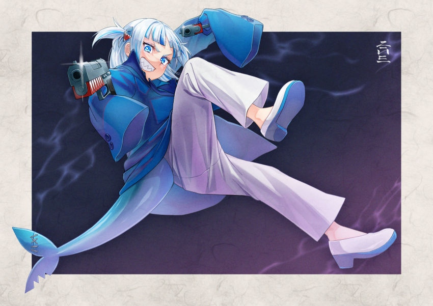 1girl, aiming, aiming_at_viewer, alternate_costume, blue_eyes, blue_hair, blue_jacket, blunt_bangs