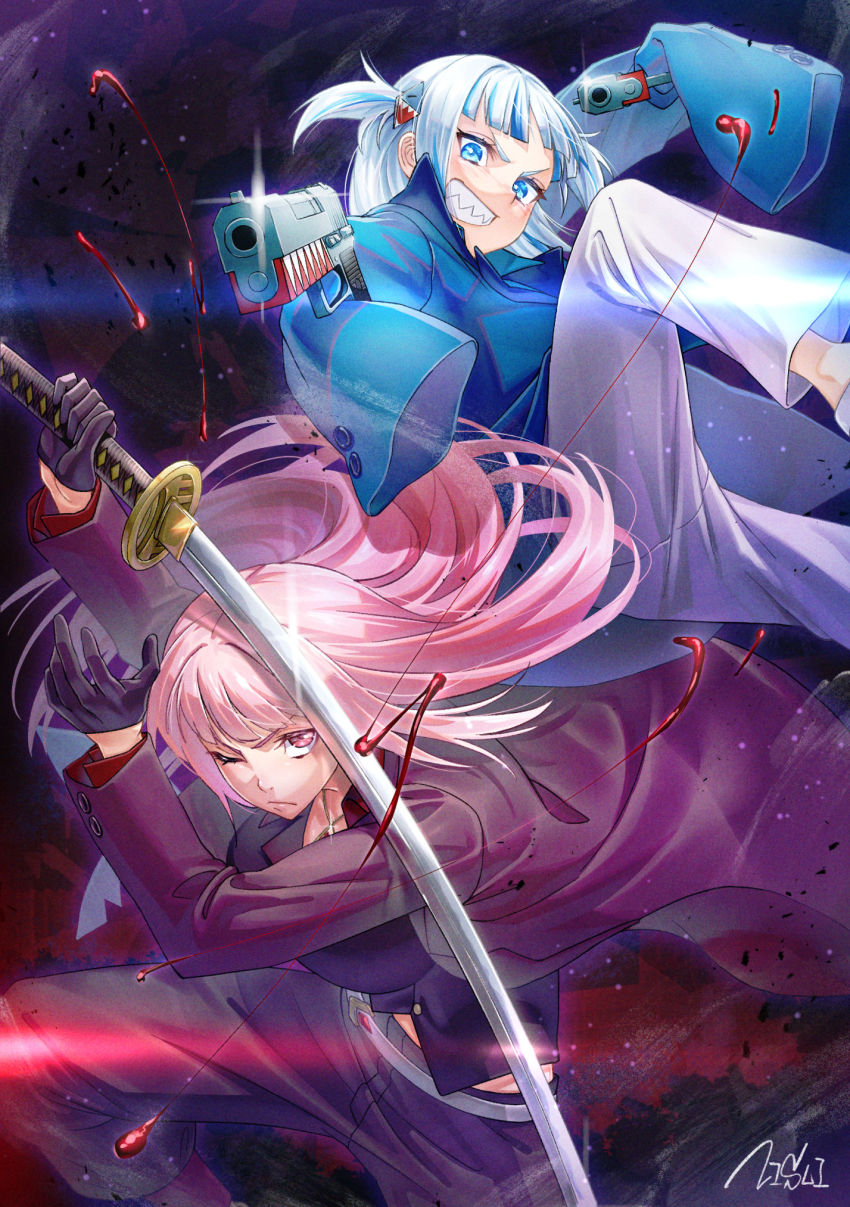 2girls, aiming, aiming_at_viewer, alternate_costume, artist_name, belt, black_gloves, black_pants, blood, blue_eyes, blue_hair, blue_jacket, blunt_bangs, breasts, closed_mouth, commentary, dual_wielding, feet_out_of_frame, floating_hair, formal_clothes, gawr_gura, glint, gloves, grin, gun, hair_ornament, half_gloves, handgun, highres, holding, holding_gun, holding_sword, holding_weapon, hololive, hololive_english, jacket, jewelry, katana, large_breasts, long_hair, long_sleeves, looking_at_viewer, midriff_peek, mori_calliope, multicolored_hair, multiple_girls, necklace, nisui_noki, one_eye_closed, open_clothes, open_jacket, pants, pink_eyes, pink_hair, pistol, purple_jacket, purple_suit, q_(hololive), red_shirt, serious, shark_hair_ornament, sharp_teeth, shirt, short_twintails, signature, silver_hair, sleeves_past_fingers, sleeves_past_wrists, smile, streaked_hair, suit, sword, teeth, twintails, two-tone_hair, two_side_up, v-shaped_eyebrows, virtual_youtuber, weapon, white_belt, white_pants