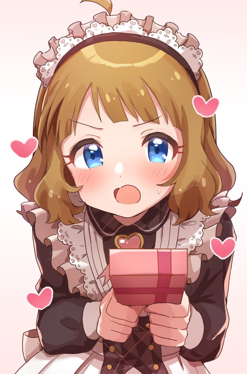 ahoge, apron, blue_eyes, blush, box, box_of_chocolates, brown_dress, brown_hair