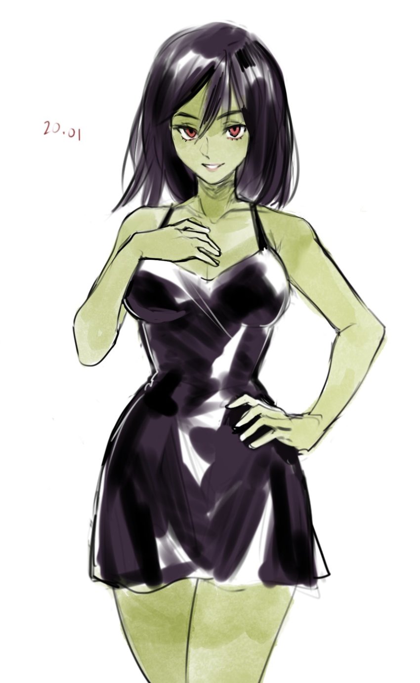 1girl, animification, aubz, banjo-kazooie, black_dress, breasts, cleavage, collarbone, commentary, dress, english_commentary, gruntilda_winkybunion, hair_between_eyes, hand_on_own_chest, hand_on_own_hip, highres, medium_breasts, medium_hair, orange_eyes, parted_lips, smile, solo, white_background