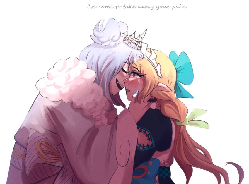 2girls, blonde_hair, blue_hair, blue_nails, blush, closed_eyes, commentary, crying, crying_with_eyes_open, elira_pendora, english_commentary, english_text, eyelashes, ezbunzz, forehead-to-forehead, hand_on_another's_cheek, hand_on_another's_face, head_wings, heads_together, long_hair, maid, maid_headdress, multiple_girls, nail_polish, nijisanji, nijisanji_en, open_mouth, pomu_rainpuff, red_eyes, sharp_teeth, simple_background, tears, teeth, tiara, virtual_youtuber, white_background, wide_sleeves, wings, yuri