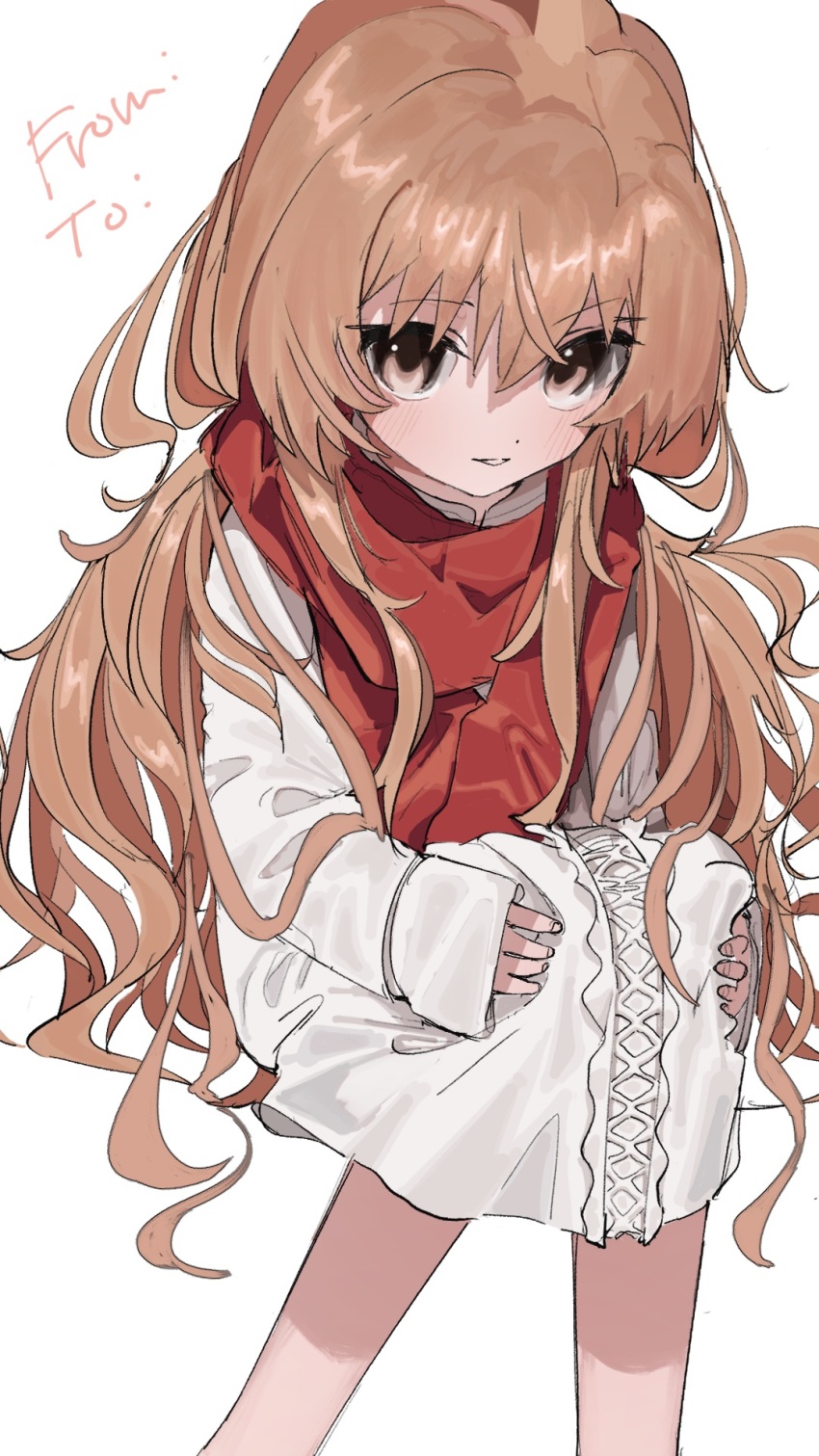 1girl, aisaka_taiga, brown_eyes, brown_hair, coat, commentary_request, donut_335, hair_between_eyes, highres, light_blush, long_hair, long_sleeves, looking_at_viewer, parted_lips, partial_commentary, red_scarf, scarf, simple_background, sitting, sleeves_past_wrists, solo, toradora!, white_background, white_coat