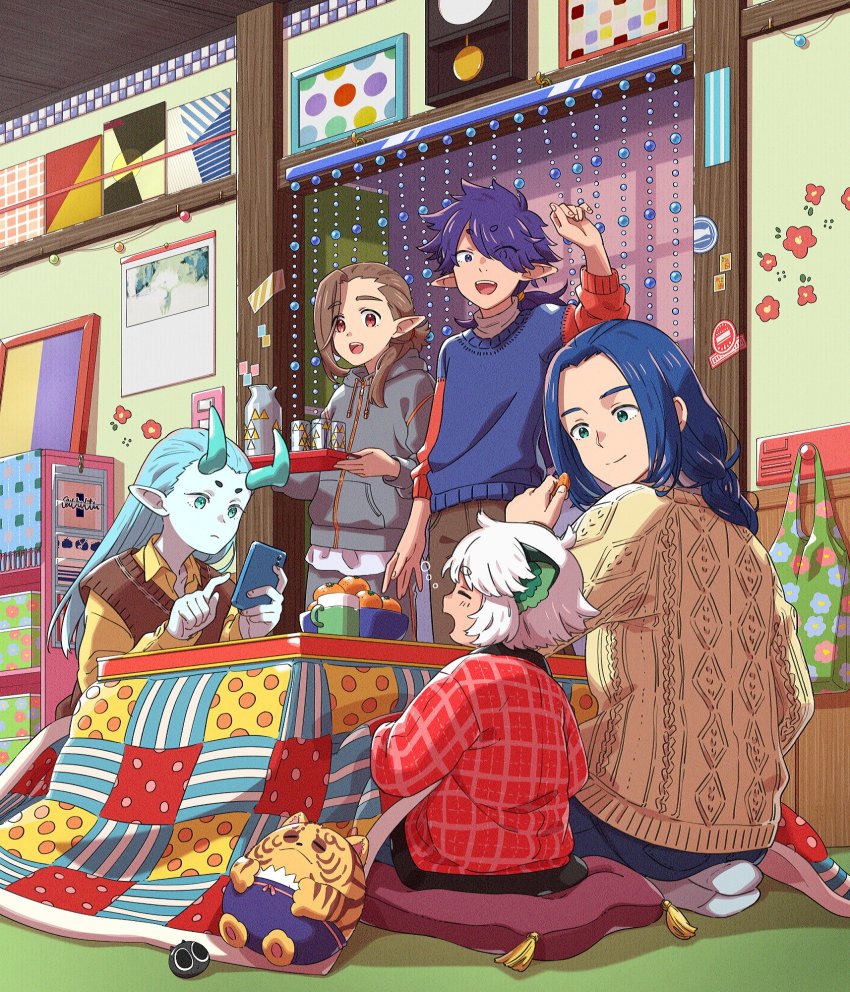 6+boys, aqua_eyes, aqua_hair, aqua_horns, black_sweater, blue_eyes, blue_hair, brown_hair