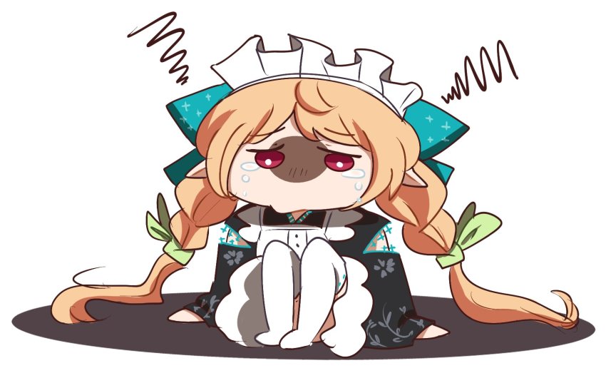 1girl, ahoge, blonde_hair, braid, commentary, crying, crying_with_eyes_open, english_commentary, ezbunzz, highres, maid, maid_headdress, nijisanji, nijisanji_en, pomu_rainpuff, red_eyes, shadow, simple_background, sitting, solo, tears, thighhighs, thighs, twin_braids, virtual_youtuber, white_background