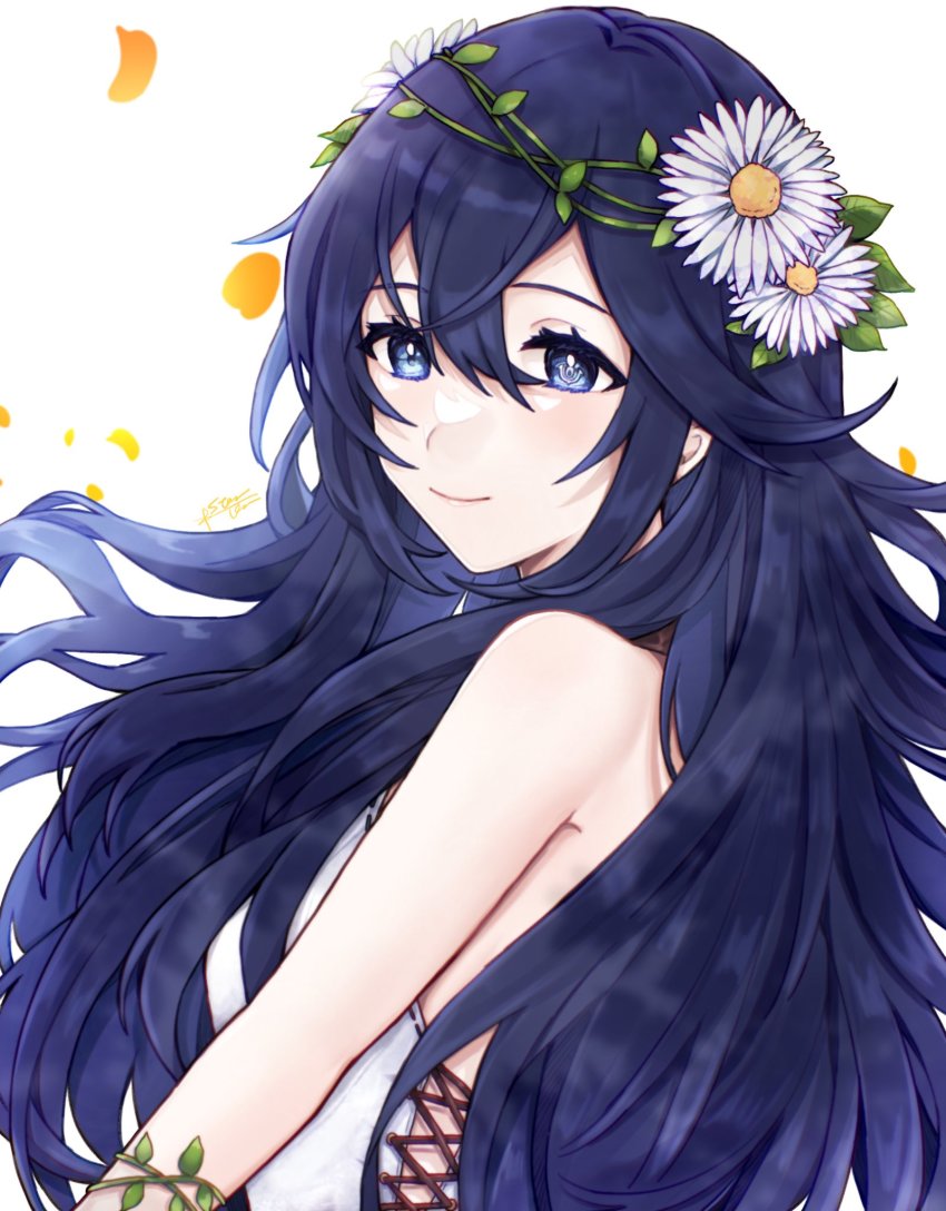 1girl, bare_shoulders, blue_eyes, blue_hair, closed_mouth, dress, fire_emblem, fire_emblem_awakening
