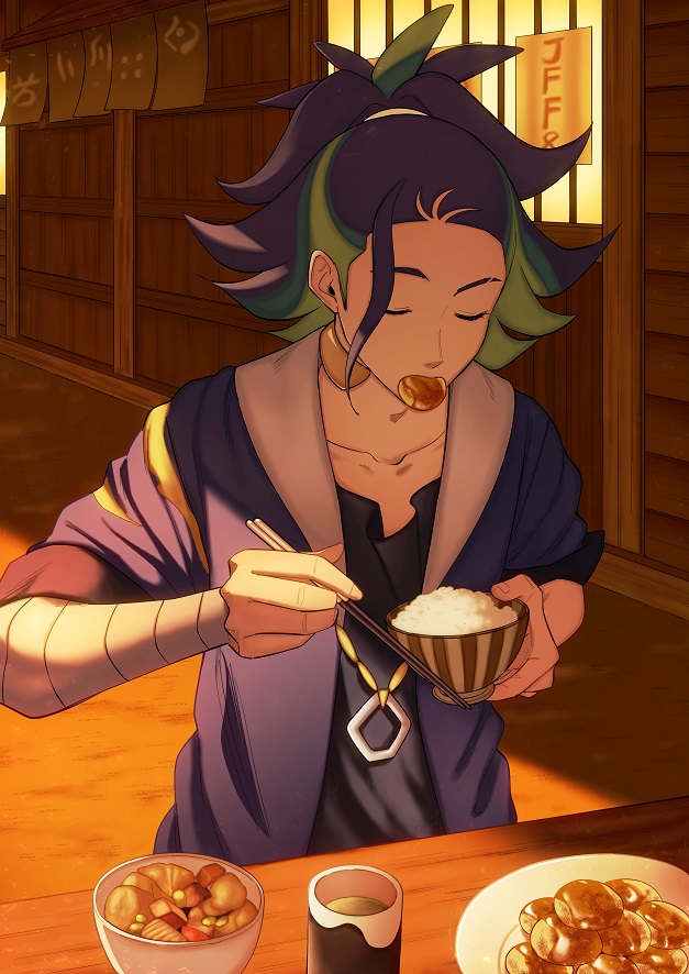 1boy, adaman_(pokemon), arm_wrap, black_shirt, bowl, building, chopsticks, closed_eyes