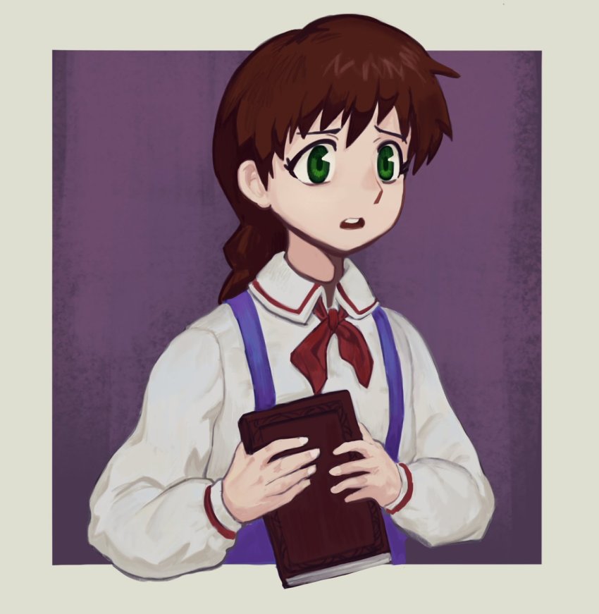 1girl, blue_background, blue_skirt, book, border, braid, brown_hair, collared_shirt