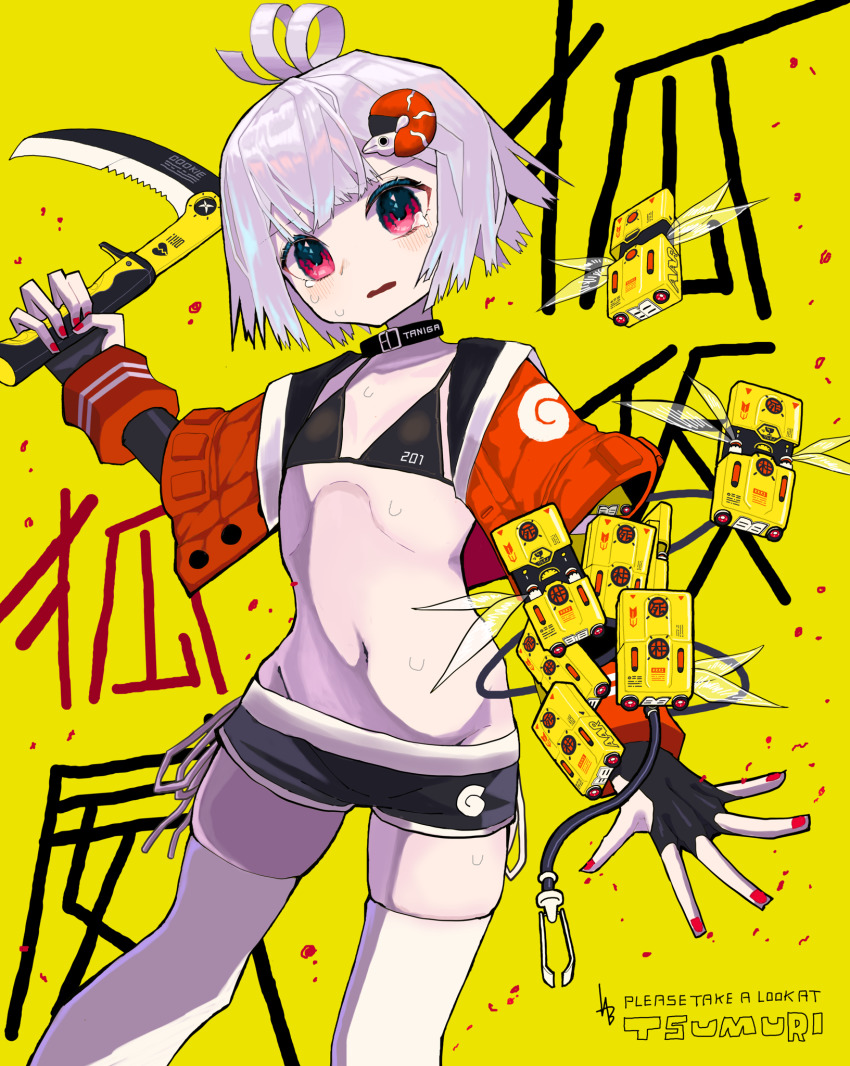 1girl, artist_request, belt_collar, bikini, bikini_top_only, black_bikini, black_shorts, check_artist, collar, commentary_request, elbow_gloves, feet_out_of_frame, fingerless_gloves, flat_chest, gloves, highres, holding, holding_scythe, ishinomaki_tsumuri, jacket, looking_at_viewer, muzinneki, open_mouth, red_eyes, red_jacket, room_201, scythe, short_hair, shorts, shrimp_hair_ornament, solo, swimsuit, tearing_up, thighhighs, virtual_youtuber, white_hair, white_thighhighs, yellow_background