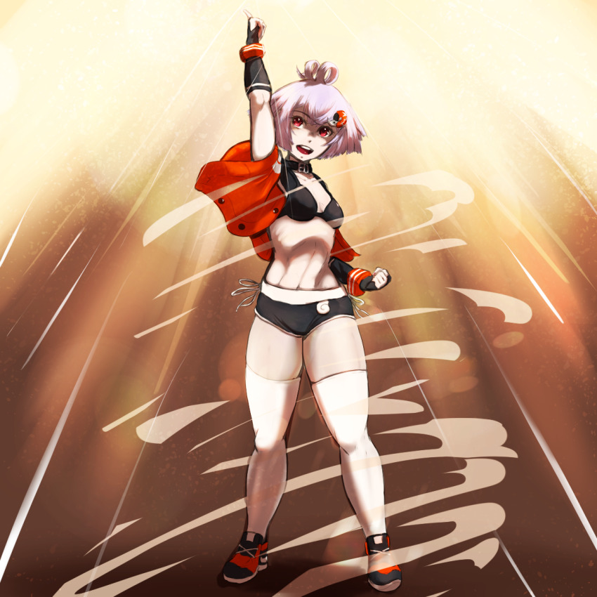 1girl, belt_collar, bikini, bikini_top_only, black_bikini, black_gloves, black_shoes, black_shorts